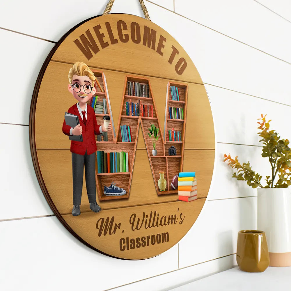 Teacher,Back To School - Teacher Alphabet Bookshelf Letter - Personalized Wood Circle Sign