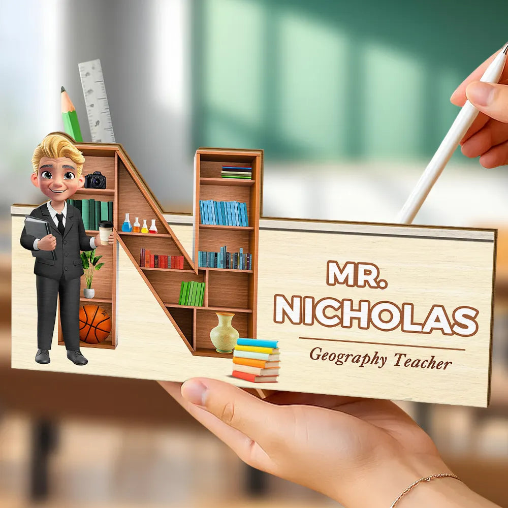 Teacher,Back To School - Teacher Alphabet Bookshelf Letter - Personalized Wooden Pen Pencil Holder