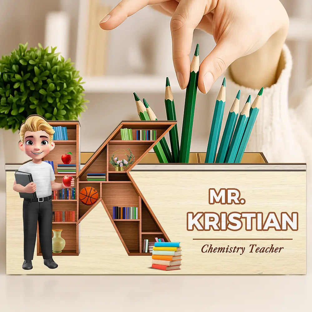 Teacher,Back To School - Teacher Alphabet Bookshelf Letter - Personalized Wooden Pen Pencil Holder