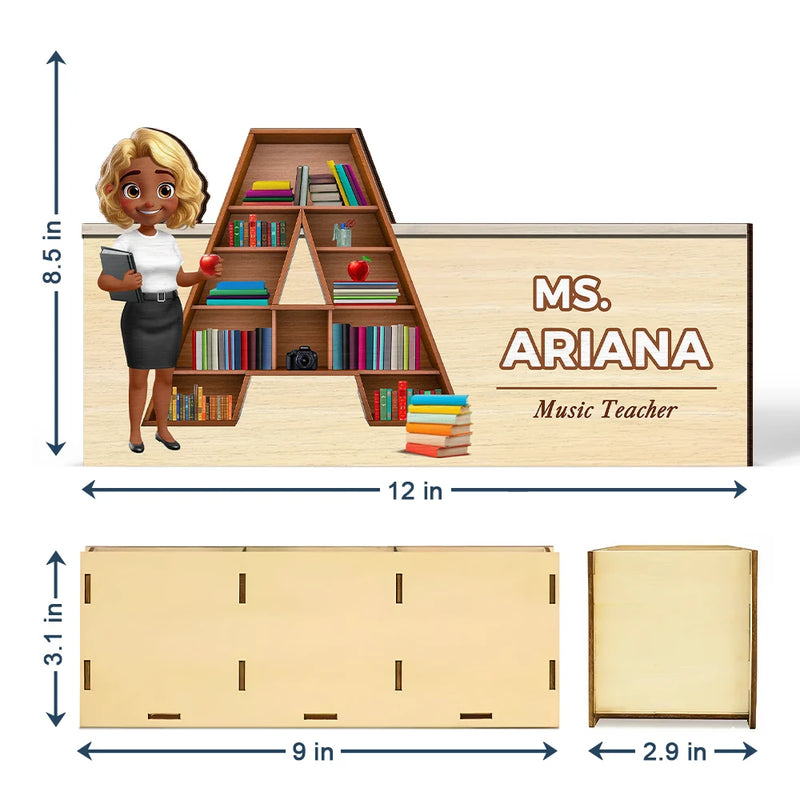 Teacher,Back To School - Teacher Alphabet Bookshelf Letter - Personalized Wooden Pen Pencil Holder