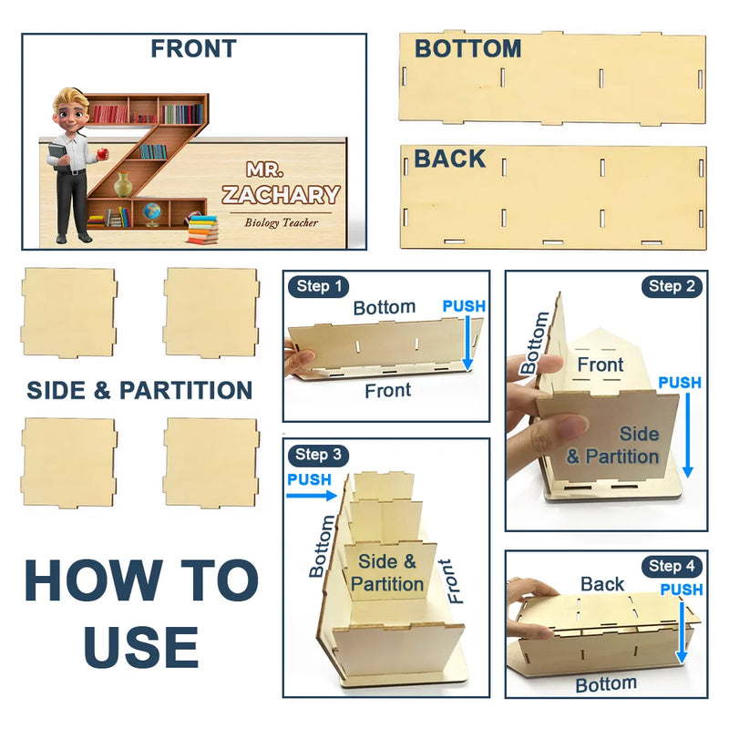 Teacher,Back To School - Teacher Alphabet Bookshelf Letter - Personalized Wooden Pen Pencil Holder