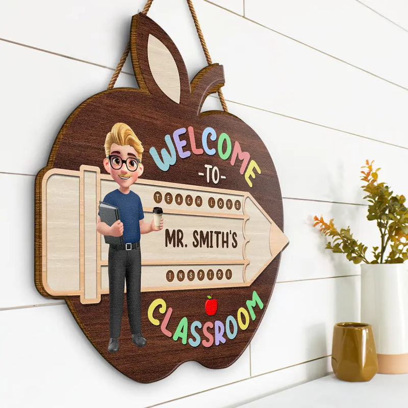 Teacher, Back To School, Gift For Yourself, Happy - Teacher Apple Class Name - Personalized Custom Shaped Wood Sign