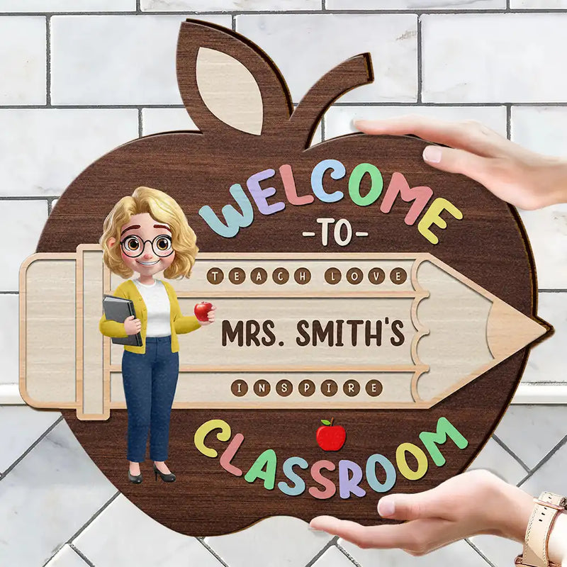 Teacher, Back To School, Gift For Yourself, Happy - Teacher Apple Class Name - Personalized Custom Shaped Wood Sign