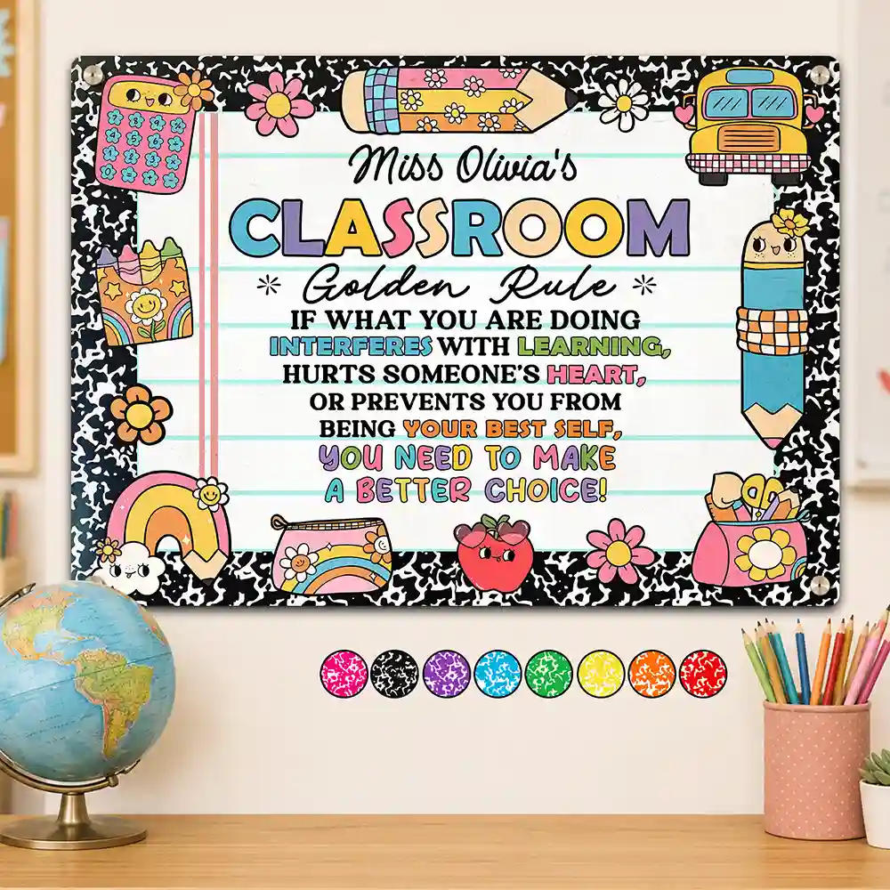 Back To School,Top Market,Teacher,Adorable,Custom Text - Teacher Classroom Golden Rule - Personalized Classic Metal Signs