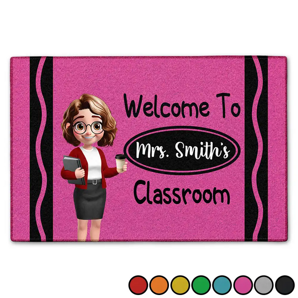Teacher,Happy,Back To School - Teacher Crayon Welcome To Classroom - Personalized Doormat