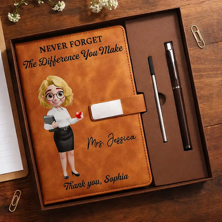 Teacher Never Forget The Difference You Make - Personalized Leather Notebook Set