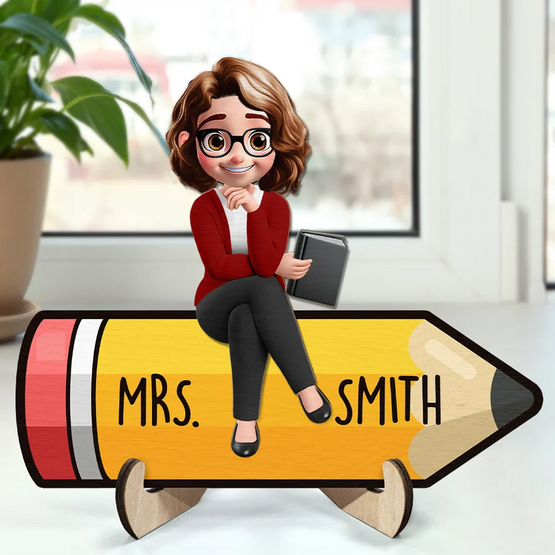 Teacher,Gift For Women,Gift For Men,Happy - Teacher Sitting On The Pencil - Personalized 2-Layered Wooden Plaque With Stand