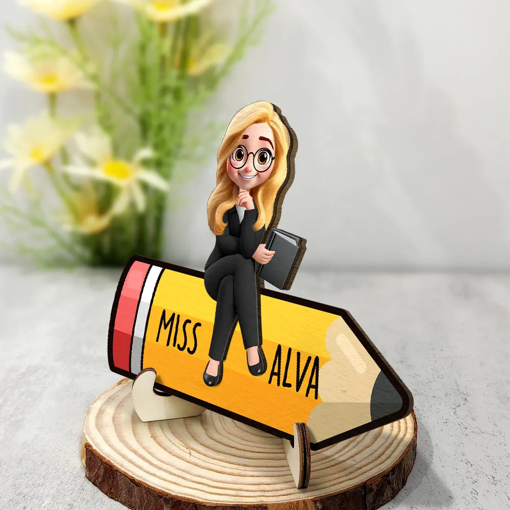 Teacher,Gift For Women,Gift For Men,Happy - Teacher Sitting On The Pencil - Personalized 2-Layered Wooden Plaque With Stand