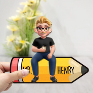 Teacher,Gift For Women,Gift For Men,Happy - Teacher Sitting On The Pencil - Personalized 2-Layered Wooden Plaque With Stand