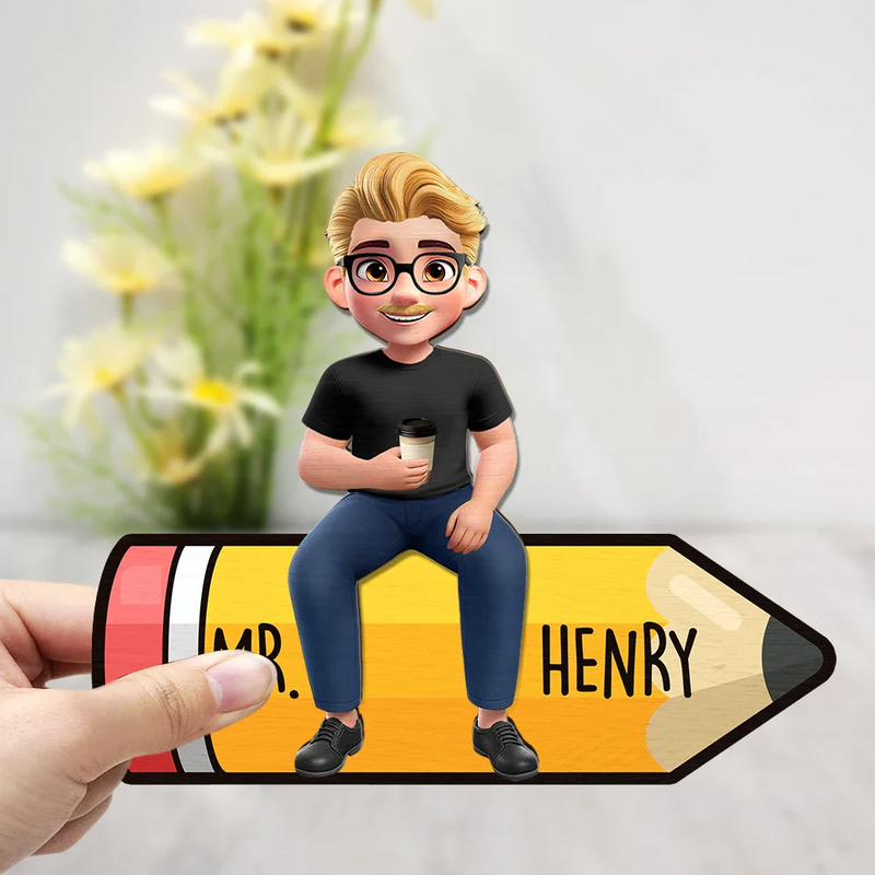 Teacher,Gift For Women,Gift For Men,Happy - Teacher Sitting On The Pencil - Personalized 2-Layered Wooden Plaque With Stand