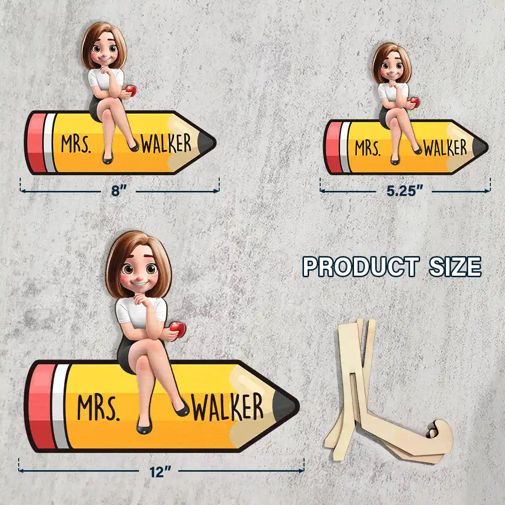 Teacher,Gift For Women,Gift For Men,Happy - Teacher Sitting On The Pencil - Personalized 2-Layered Wooden Plaque With Stand