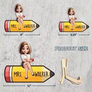Teacher,Gift For Women,Gift For Men,Happy - Teacher Sitting On The Pencil - Personalized 2-Layered Wooden Plaque With Stand
