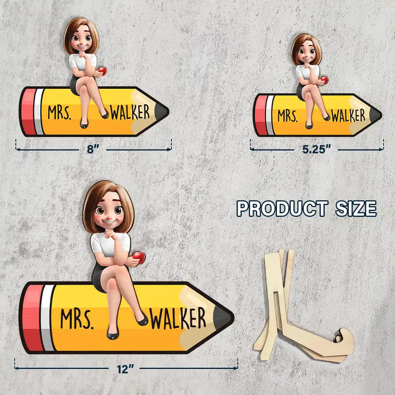 Teacher,Gift For Women,Gift For Men,Happy - Teacher Sitting On The Pencil - Personalized 2-Layered Wooden Plaque With Stand