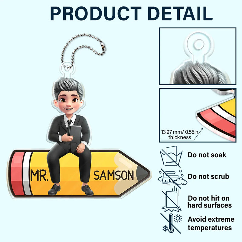 Teacher, Gift For Women, Happy, Back To School, Gift For Men - Teacher Sitting On The Pencil - Personalized Acrylic Car Hanger