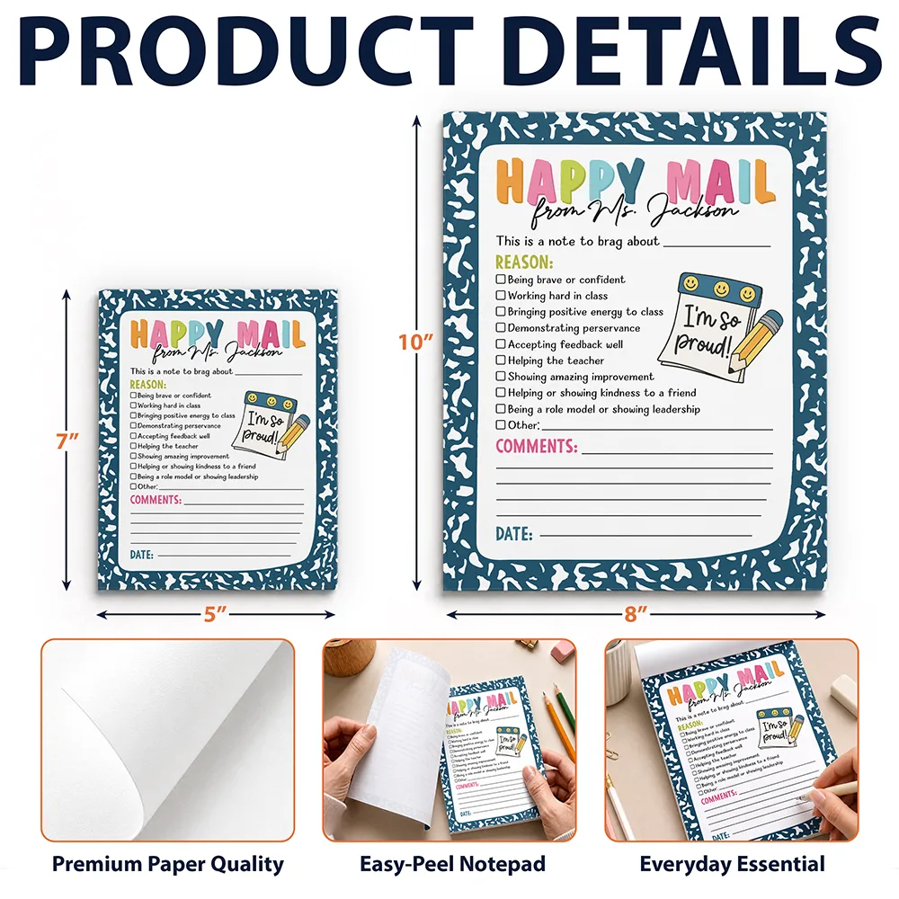 Top Market,Sentimental,Teacher,Back To School,Custom Text - Teacher Happy Mail Classroom - Personalized Notepad