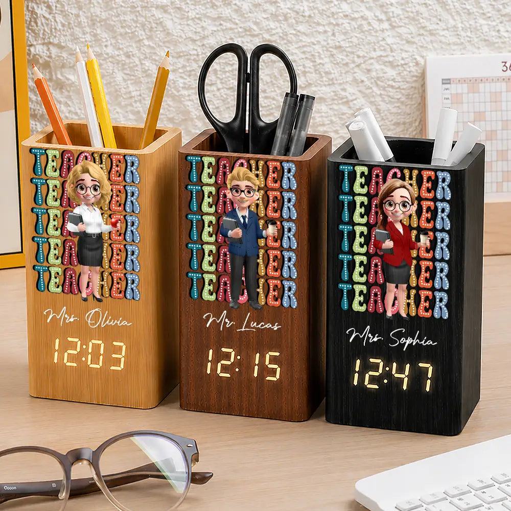 Grateful, Teacher, Back To School, Vector - Teaching Is A Heartfelt - Personalized Pen Holder With Clock