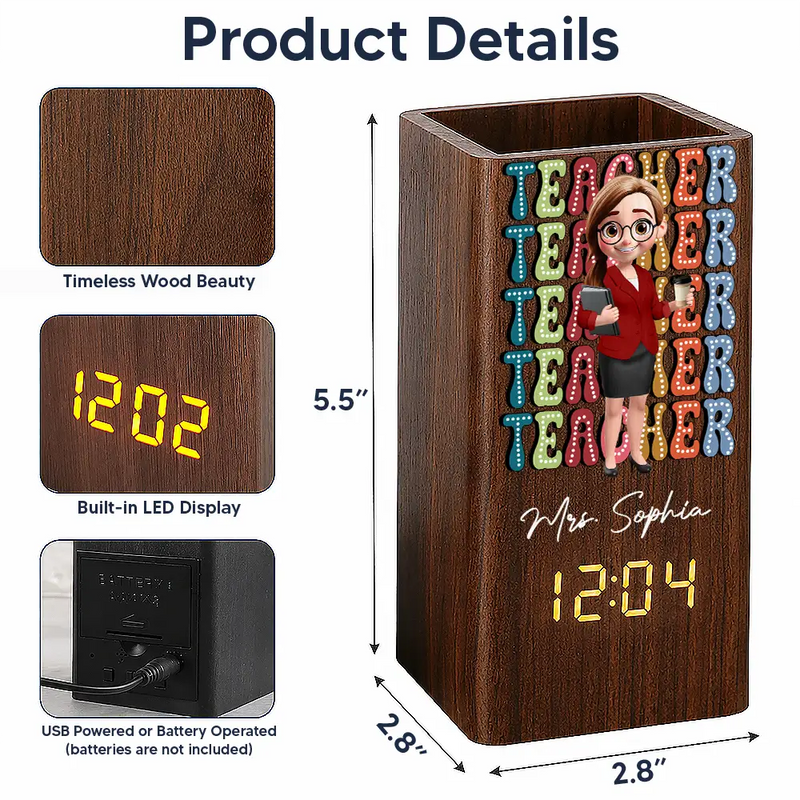 Grateful, Teacher, Back To School, Vector - Teaching Is A Heartfelt - Personalized Pen Holder With Clock