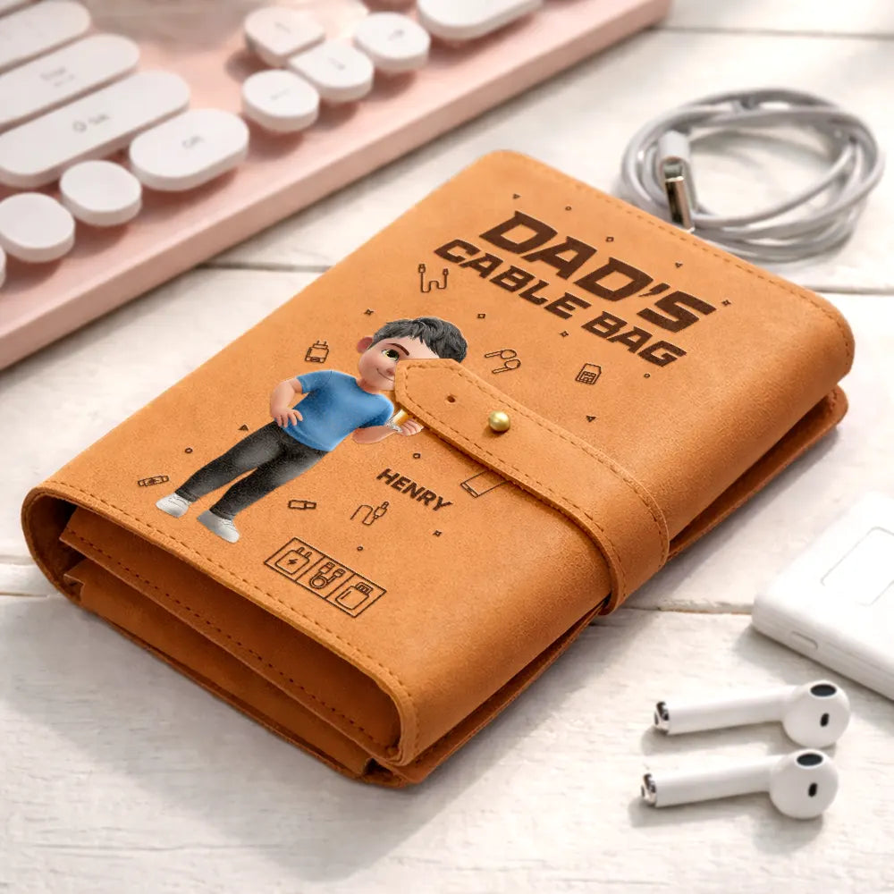 Gift For Yourself,Gift For Women,Gift For Men,Happy - Tech Stuff 3D Effect Man Woman - Personalized Leather Cable Bag