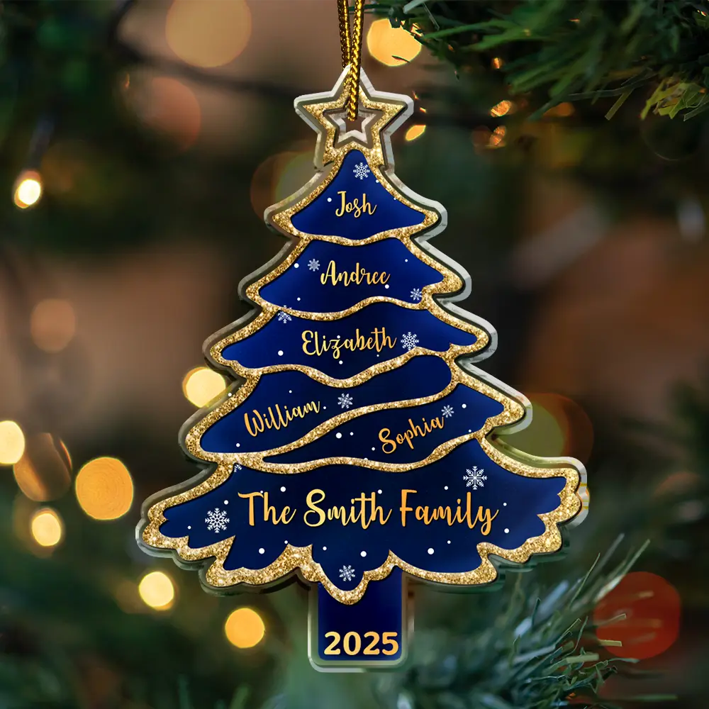 Family, Gift For Bestie, Christmas, Happy - Text Pattern Christmas Tree Family Bestie Custom Names Pottery Glitter Effect - Personalized Custom Shaped Acrylic Ornament