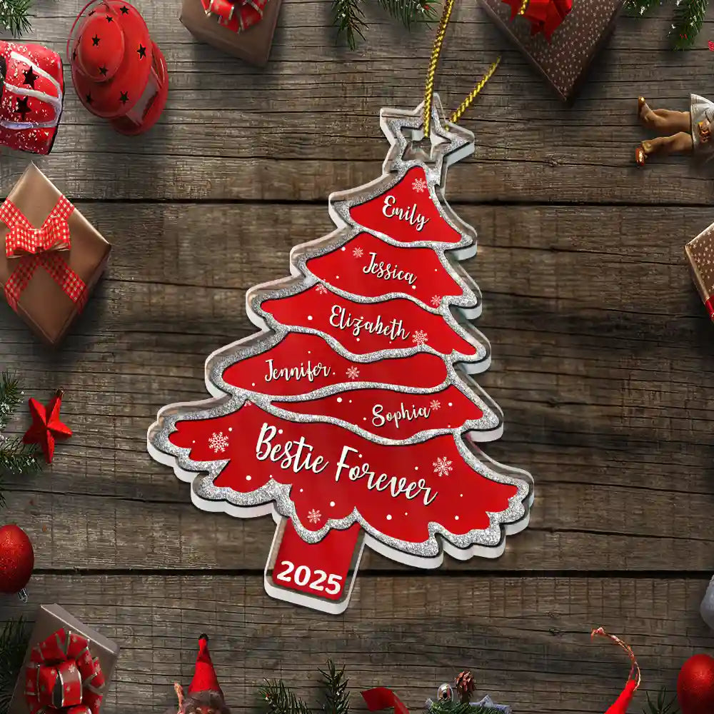 Family, Gift For Bestie, Christmas, Happy - Text Pattern Christmas Tree Family Bestie Custom Names Pottery Glitter Effect - Personalized Custom Shaped Acrylic Ornament