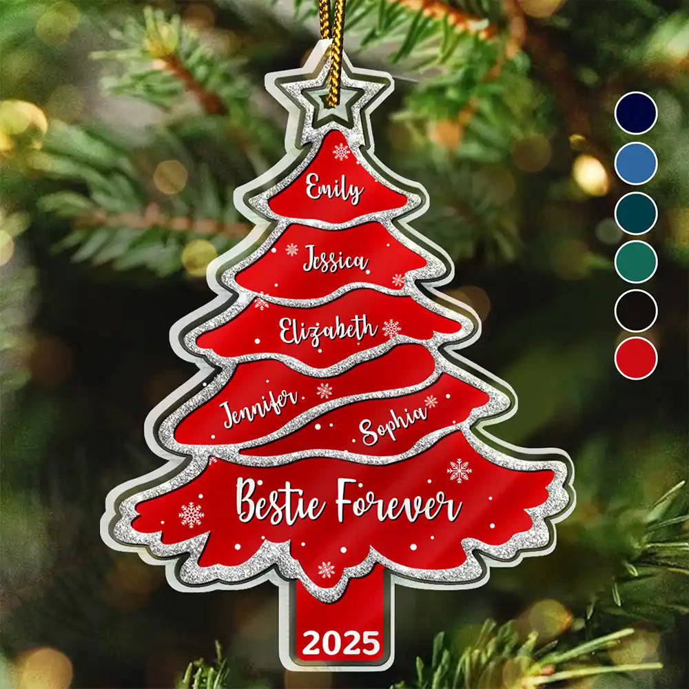 Text Pattern Christmas Tree Family Bestie Custom Names Pottery Glitter Effect - Personalized Custom Shaped Acrylic Ornament