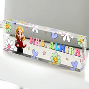 Teacher,Gift For Women,Happy,Back To School - Text Pattern Groovy Retro Teacher Name - Personalized Desk Name Plate