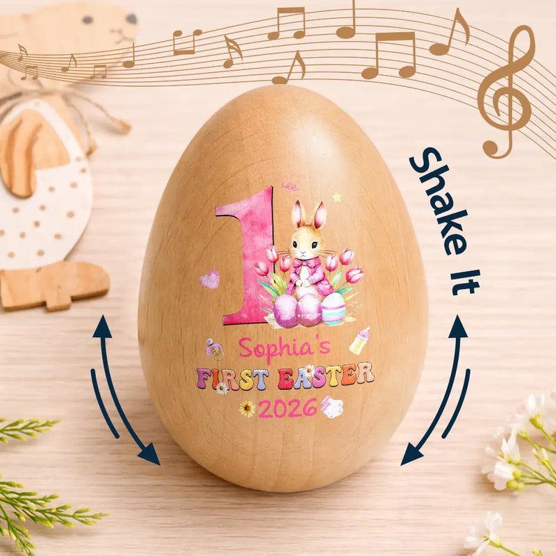 Easter,New baby,Dad,Sons,Gift For Son,Mom,Gift For Daughter,,Daughters (Young),Gift For Kids,Gift For Grandkids,Happy - Text Pattern My First Easter - Personalized Musical Wooden Easter Egg Shaker