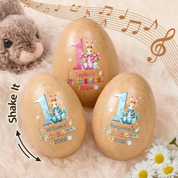Easter,New baby,Dad,Sons,Gift For Son,Mom,Gift For Daughter,,Daughters (Young),Gift For Kids,Gift For Grandkids,Happy - Text Pattern My First Easter - Personalized Musical Wooden Easter Egg Shaker