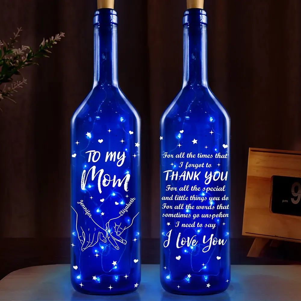 Mom - Daughters (Adult),Gift For Mother,Gift For Women,Love - Thank You Mom I Love You - Personalized Blue Bottle Light