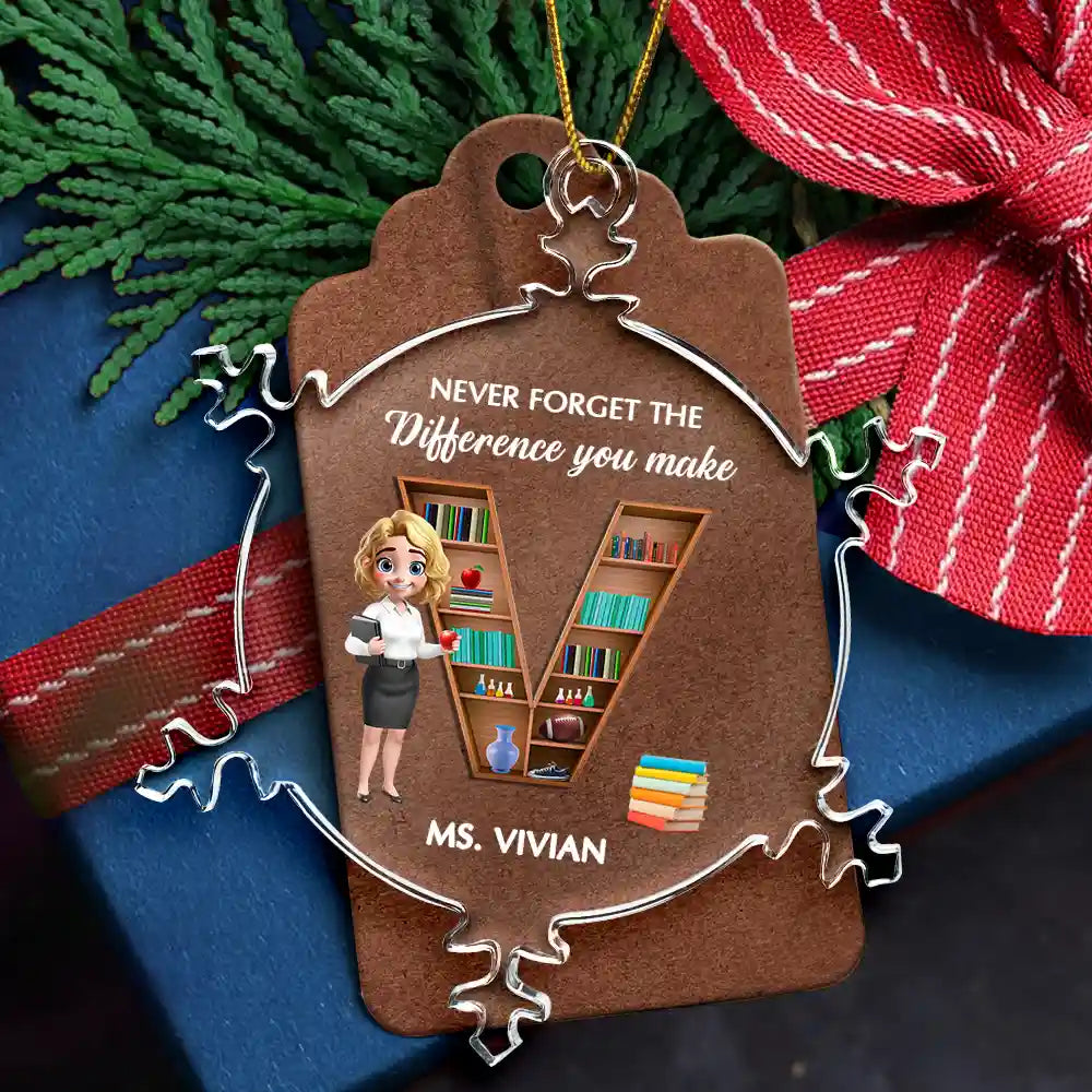 Christmas, Teacher, Happy - Thank You Teacher For The Difference You Make - Personalized Snowflakes Shaped Glass Ornament