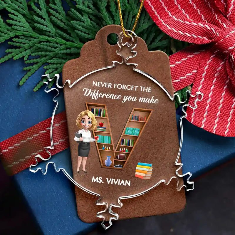 Christmas, Teacher, Happy - Thank You Teacher For The Difference You Make - Personalized Snowflakes Shaped Glass Ornament