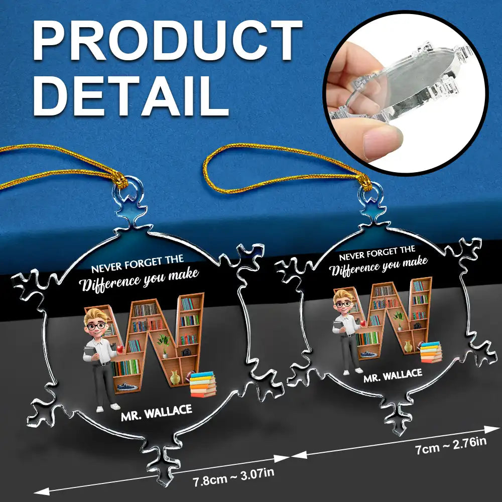 Christmas, Teacher, Happy - Thank You Teacher For The Difference You Make - Personalized Snowflakes Shaped Glass Ornament