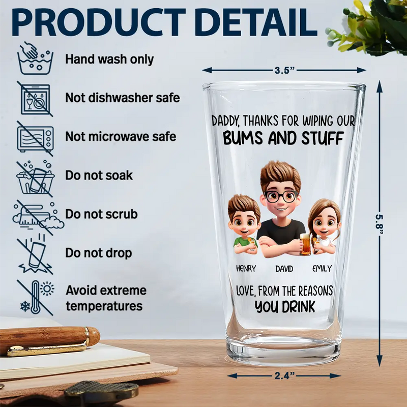 Gift For Father,Happy,Dad - Children - Thanks For Wiping My Stuff - Personalized Beer Glass