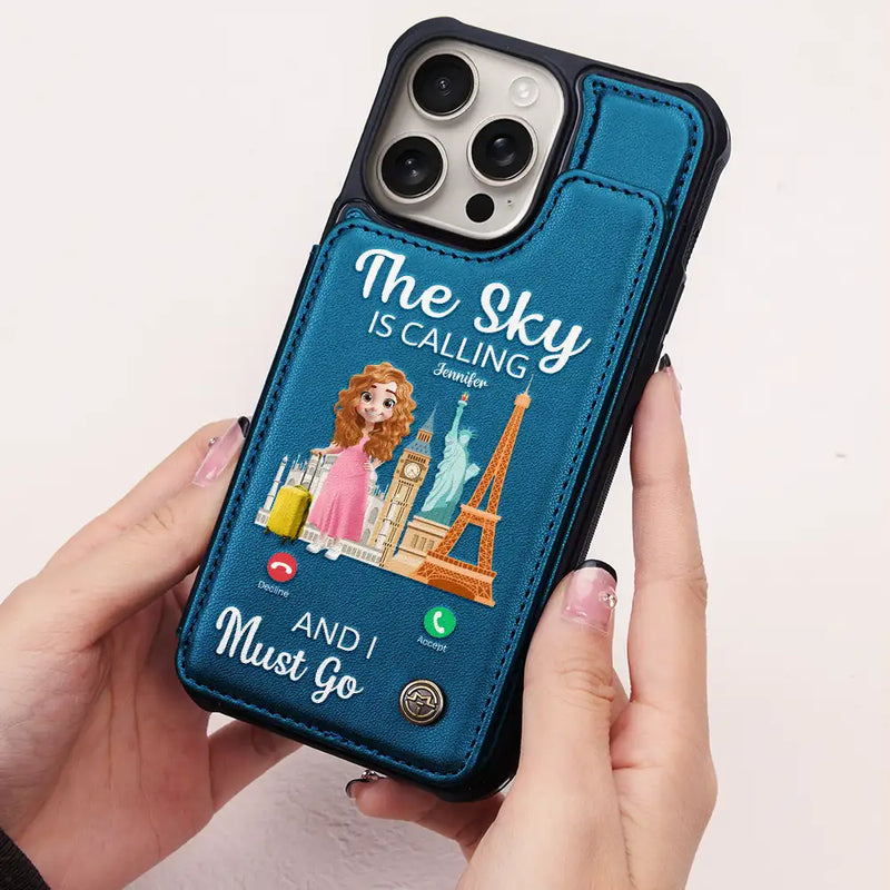 Travel, Gift For Yourself, Happy - The Sky Is Calling And I Must Go - Personalized Leather Flip Wallet Phone Case