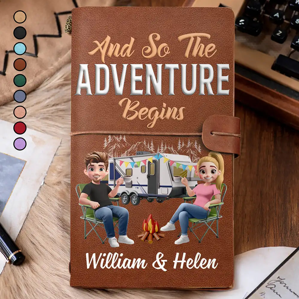Camping,Gift For Couples,Happy - The Adventure Book 3D Effect Camping Couple Camper - Personalized Leather Vintage Journal