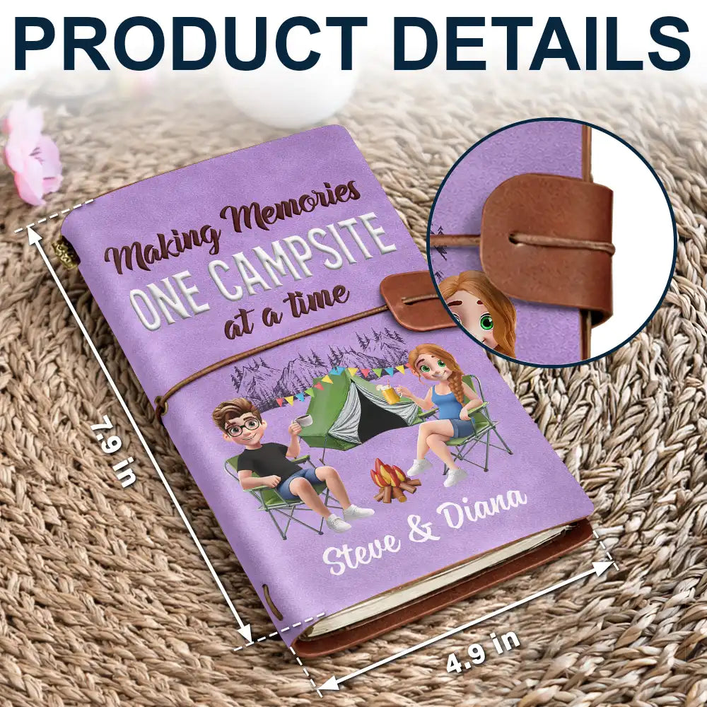 Camping,Gift For Couples,Happy - The Adventure Book 3D Effect Camping Couple Camper - Personalized Leather Vintage Journal