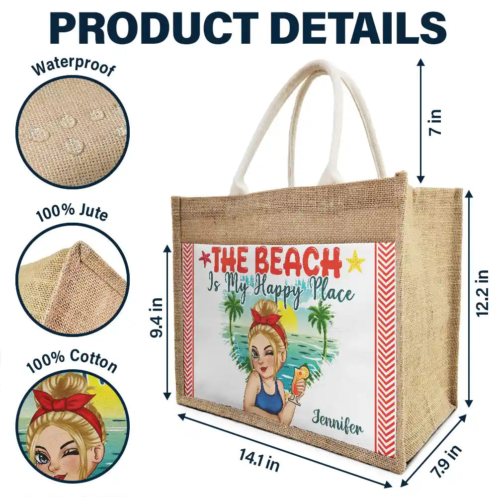 Gift For Women, Happy, Beach, Travel, Summer, Gift For Yourself - The Beach Is My Happy Place - Personalized Jute Tote Bag