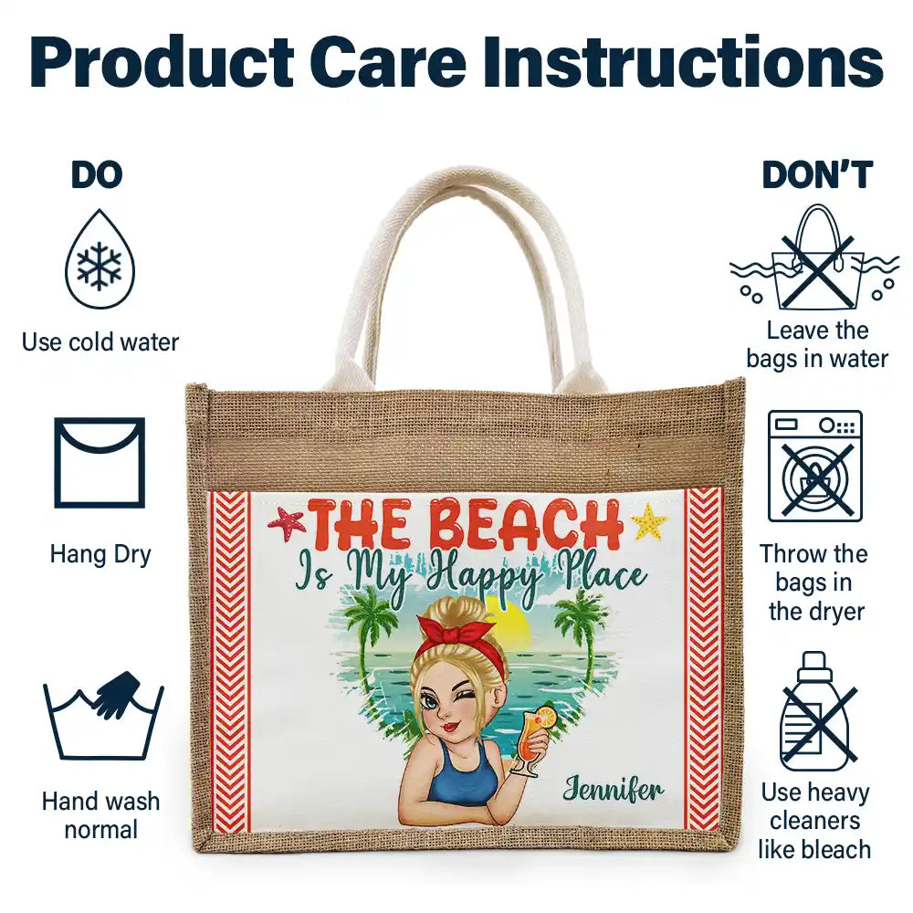 Gift For Women, Happy, Beach, Travel, Summer, Gift For Yourself - The Beach Is My Happy Place - Personalized Jute Tote Bag