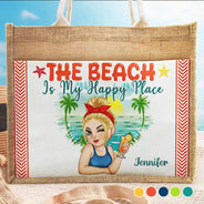 Gift For Women, Happy, Beach, Travel, Summer, Gift For Yourself - The Beach Is My Happy Place - Personalized Jute Tote Bag