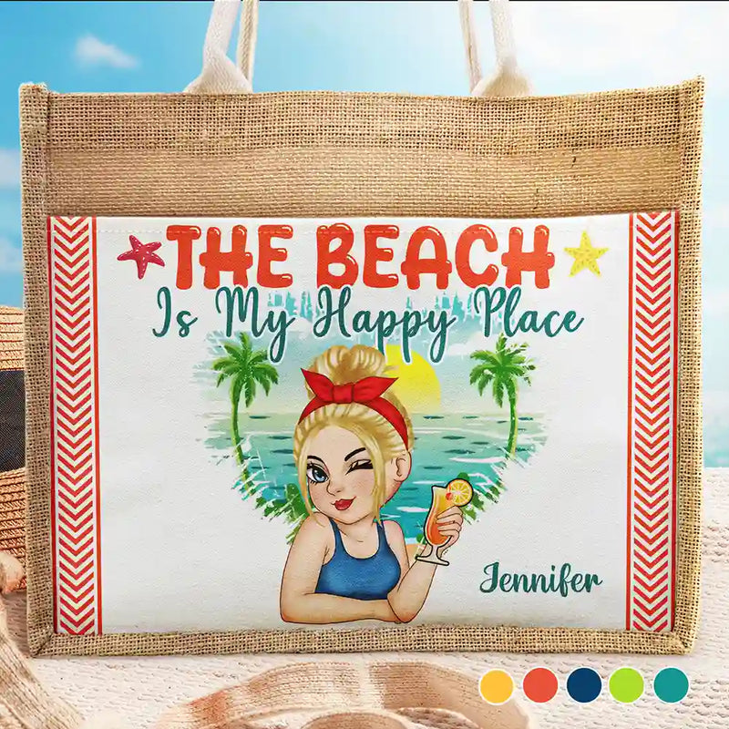 Gift For Women, Happy, Beach, Travel, Summer, Gift For Yourself - The Beach Is My Happy Place - Personalized Jute Tote Bag