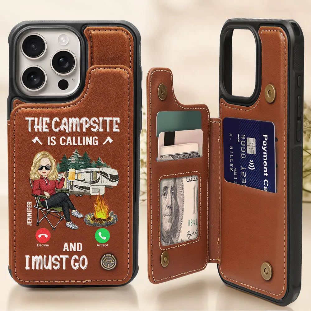The Campsite Is Calling - Personalized Leather Flip Wallet Phone Case