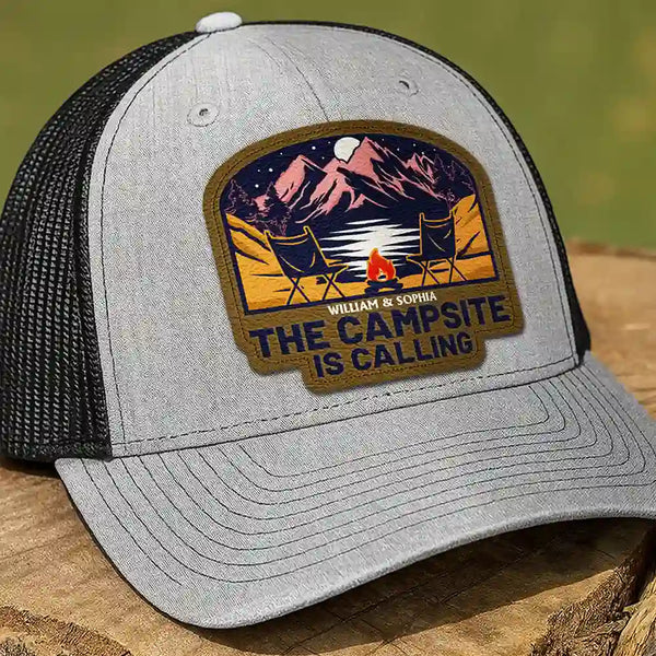 Camping,Gift For Men,Dad's Hobby,Gift For Husband,Gift For Boyfriend,Gift For Yourself,Campsite - The Campsite Is Calling - Personalized Leather Patch Hat