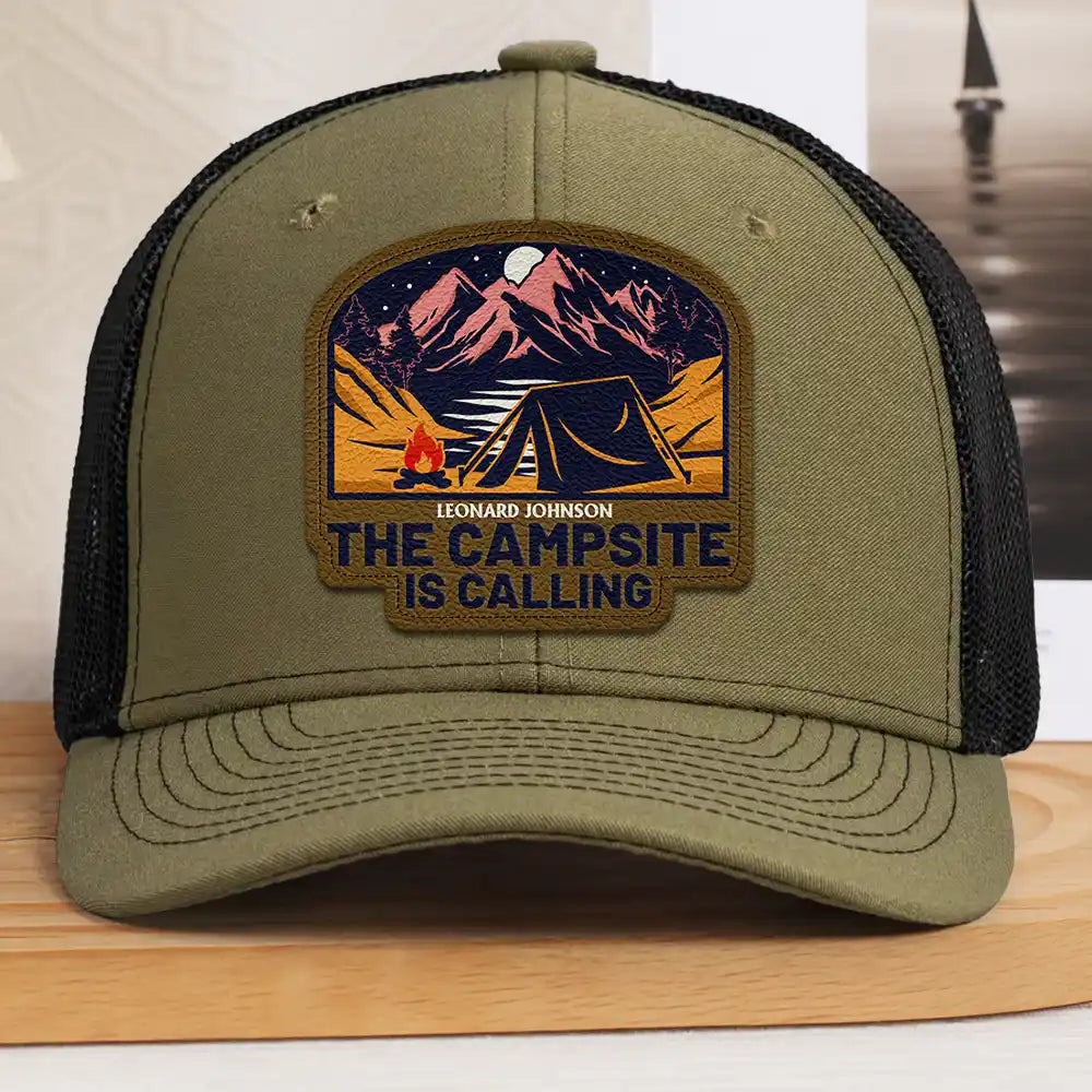 Camping,Gift For Men,Dad's Hobby,Gift For Husband,Gift For Boyfriend,Gift For Yourself,Campsite - The Campsite Is Calling - Personalized Leather Patch Hat