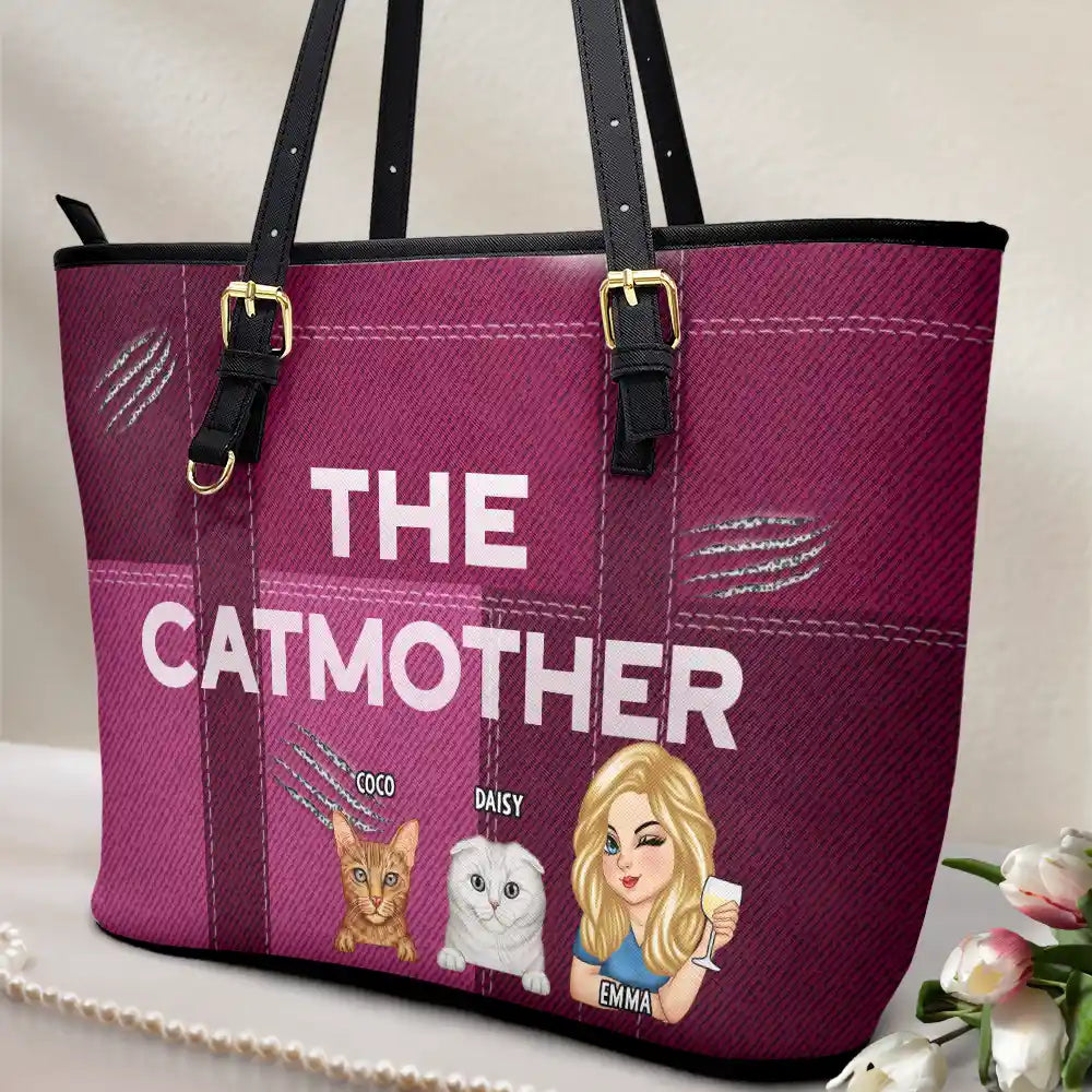 Cat Lovers,Cat Mom,Pet Lovers,Pet Mom - The Catmother - Personalized Leather Tote Bag