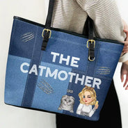 Cat Lovers,Cat Mom,Pet Lovers,Pet Mom - The Catmother - Personalized Leather Tote Bag