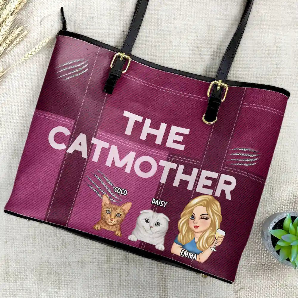 Cat Lovers,Cat Mom,Pet Lovers,Pet Mom - The Catmother - Personalized Leather Tote Bag