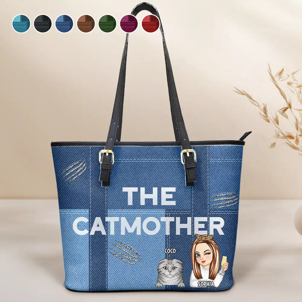 Cat Lovers,Cat Mom,Pet Lovers,Pet Mom - The Catmother - Personalized Leather Tote Bag