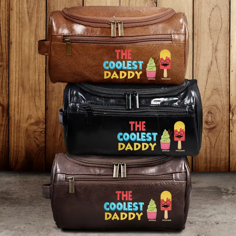 Gift For Grandpa, Gift For Father, Funny - The Coolest Pop Funny Cartoon Ice Cream - Personalized Leather Toiletry Bag