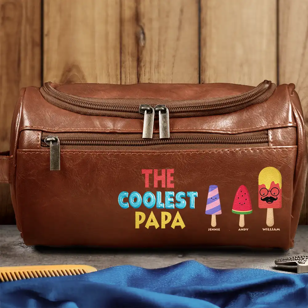 Gift For Grandpa, Gift For Father, Funny - The Coolest Pop Funny Cartoon Ice Cream - Personalized Leather Toiletry Bag