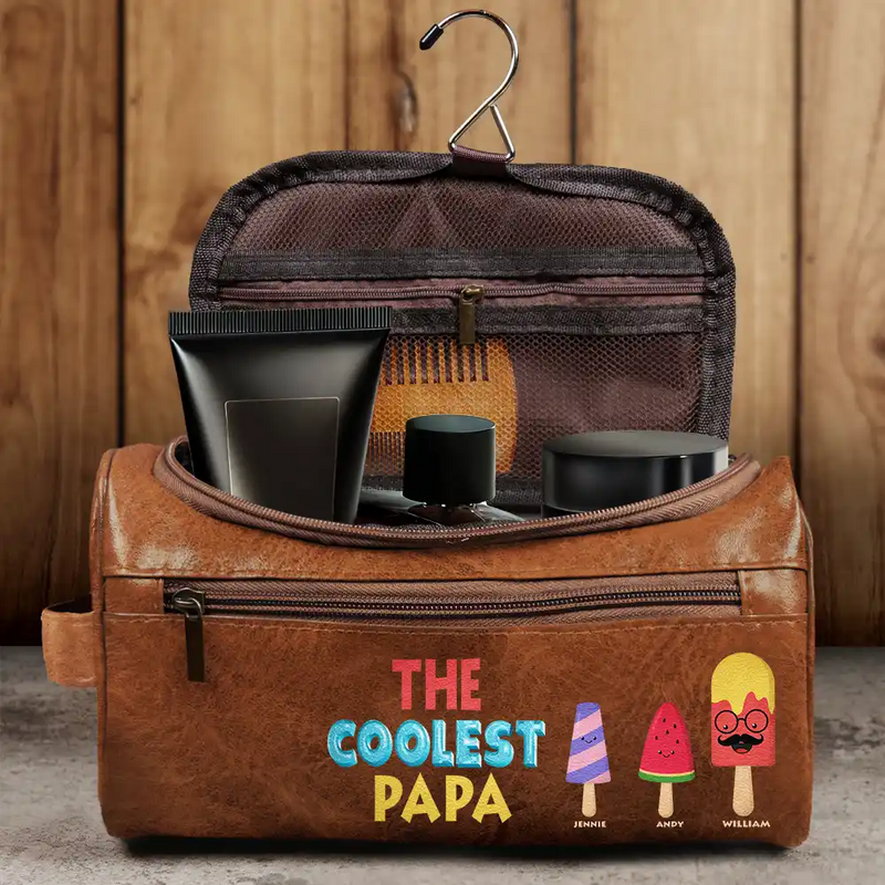 Gift For Grandpa, Gift For Father, Funny - The Coolest Pop Funny Cartoon Ice Cream - Personalized Leather Toiletry Bag